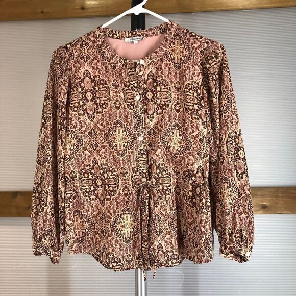 Madewell Kaleidoscope Drawstring Blouse Pink Purple Lined Button Down Blouse Sz - Picture 2 of 9